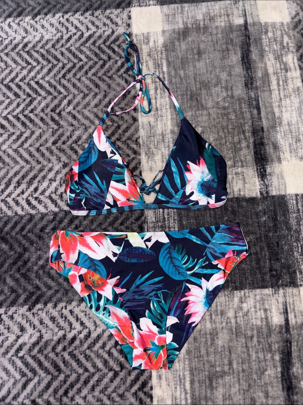 Xhilaration Navy Floral Triangle Bikini - Pink, Teal, White